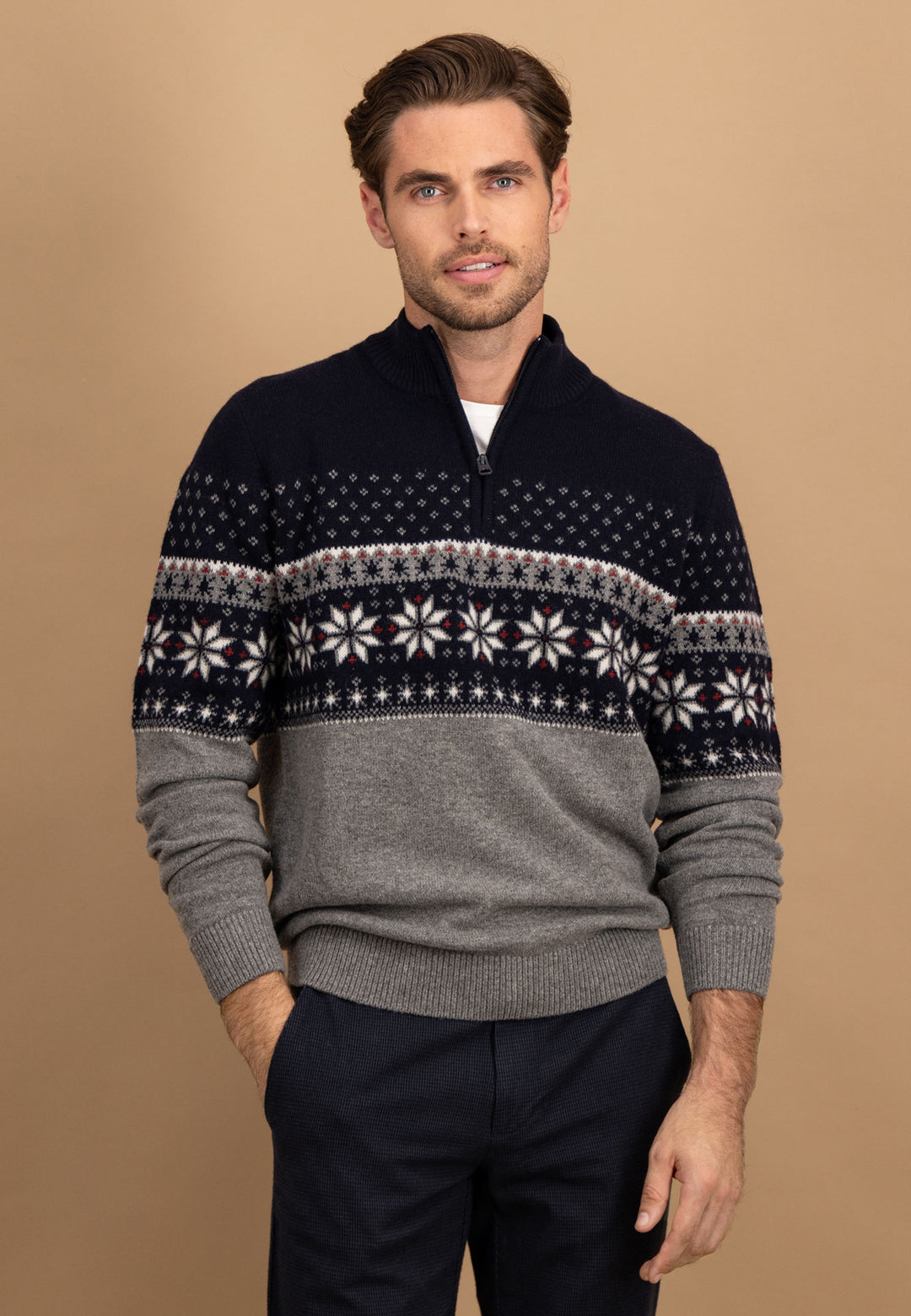 Pullover aus reiner Wolle mit Norwegermuster und Troyer-Kragen