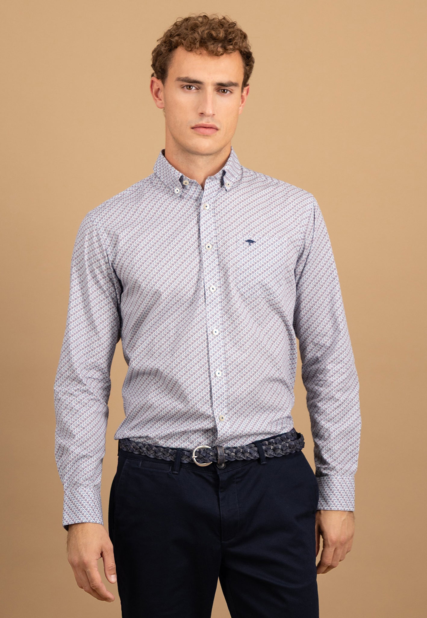 Cotton shirt with a delicate all-over print and button-down collar ...