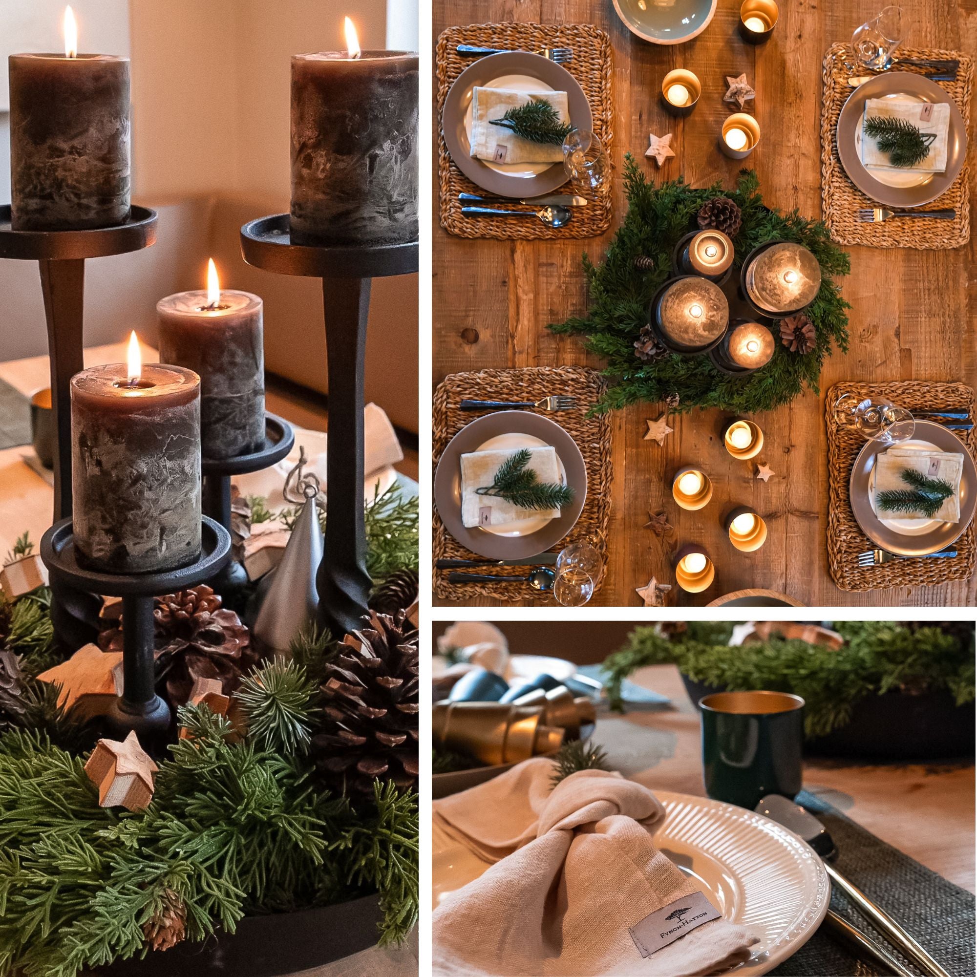 Weihnachtliche Deko mit Fynch-Hatton Living Artikeln. Kerzenständer, Kerzen, Servietten